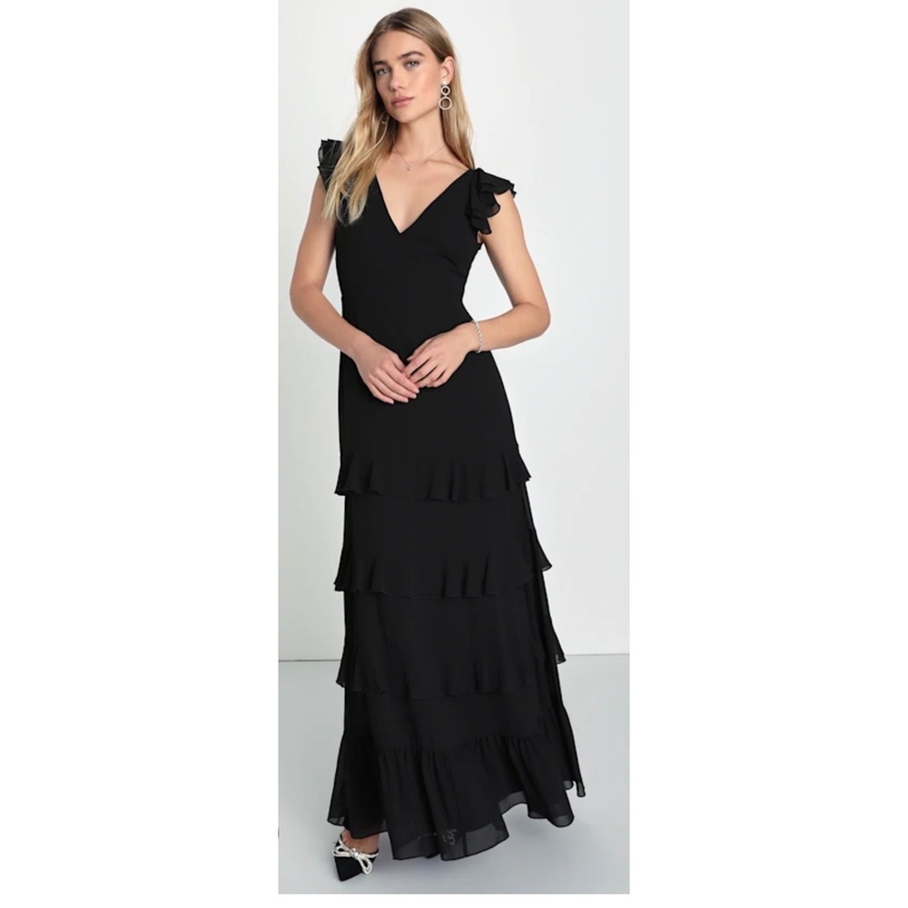 Jay Godfrey Black Ruffle V-Neck Tiered Maxi Gown Dress party evening cocktail